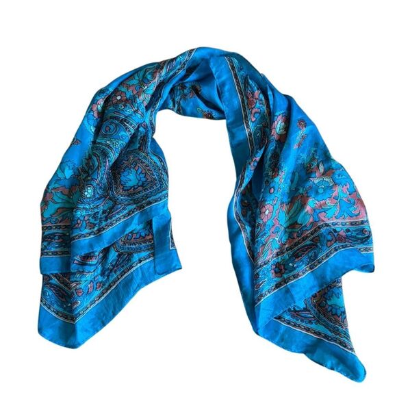 100% Pure Silk Floral Paisley Scarf in Teal Green & Rose Pink Made In India - Picture 3 of 6